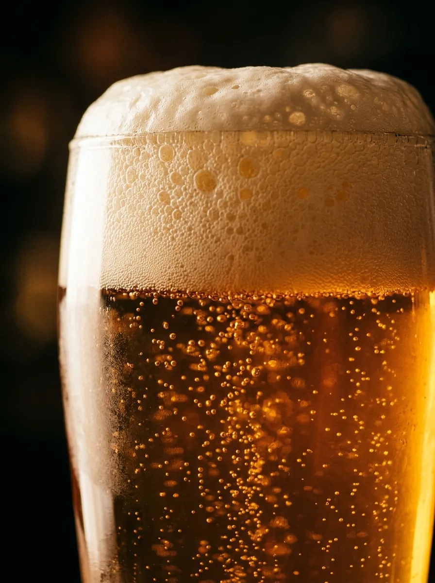Pinte de bière blonde sous une mousse épaisse, bulles en suspension, en contre-jour