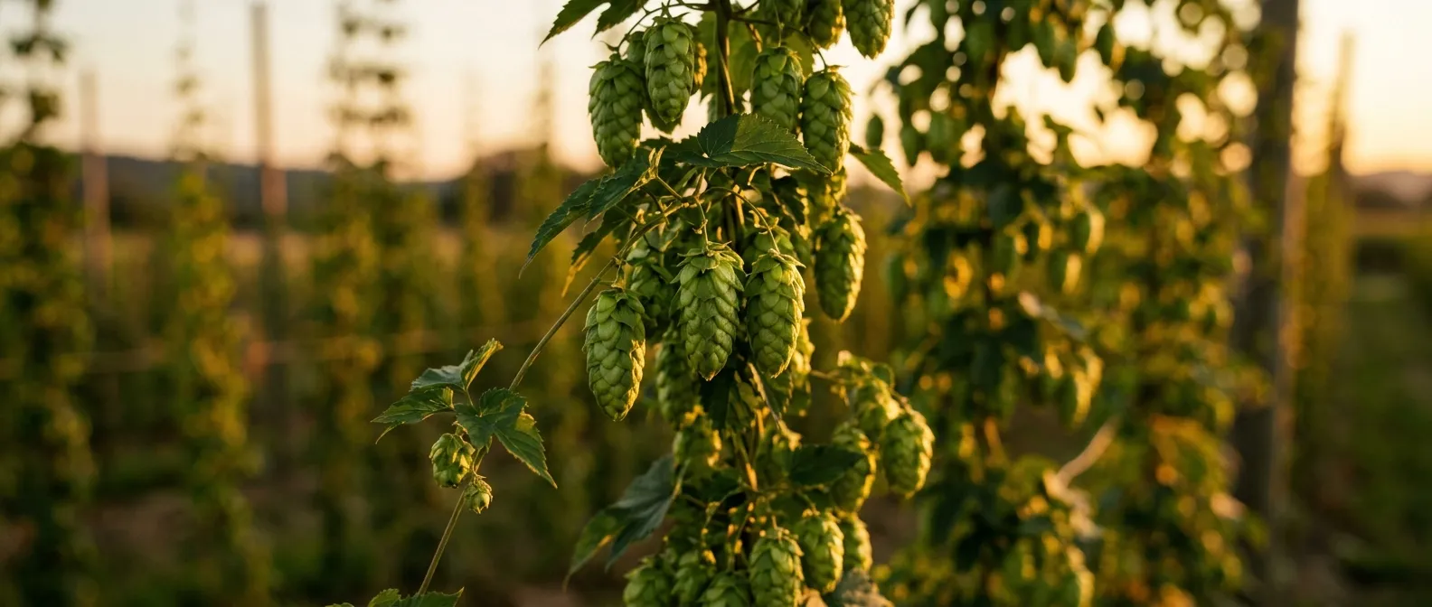 Cônes de houblon sur leur liane, dans une houblonnière au coucher du soleil