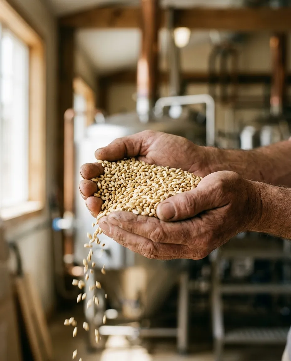 Grains de malt d’orge qui glissent entre deux mains, dans une brasserie